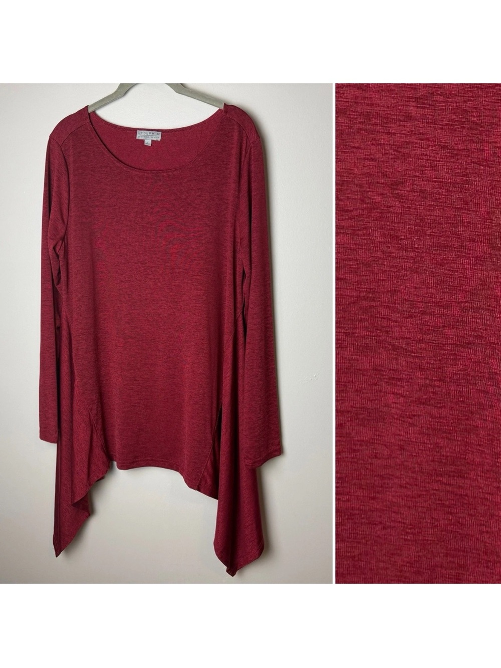 Joseph A Tunic Top Size Large Bugundy Stretch Handkerchief Hem Lagenlook Artsy